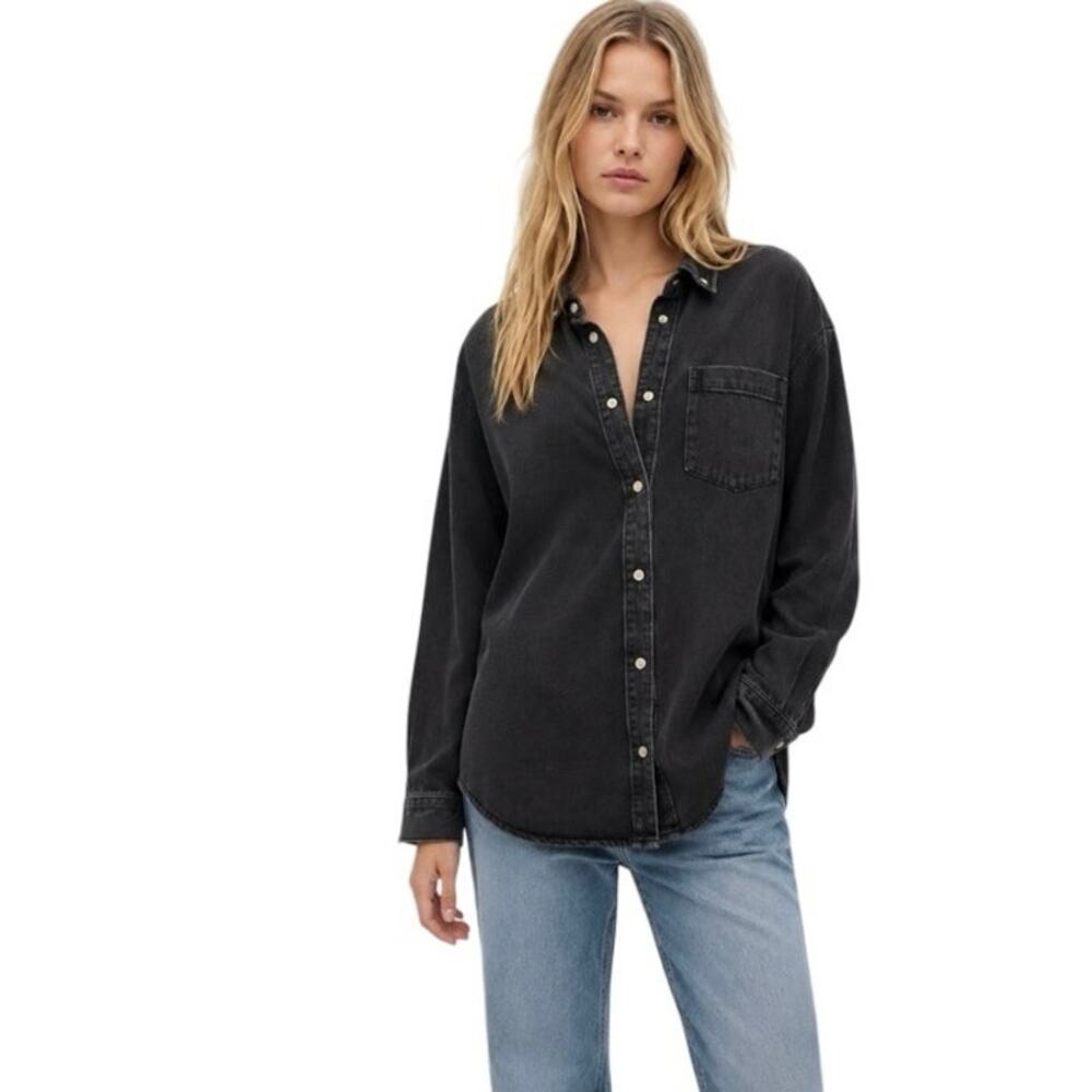 Zara Women’s Washed Black Denim Button-Up Shirt Oversized Size Large